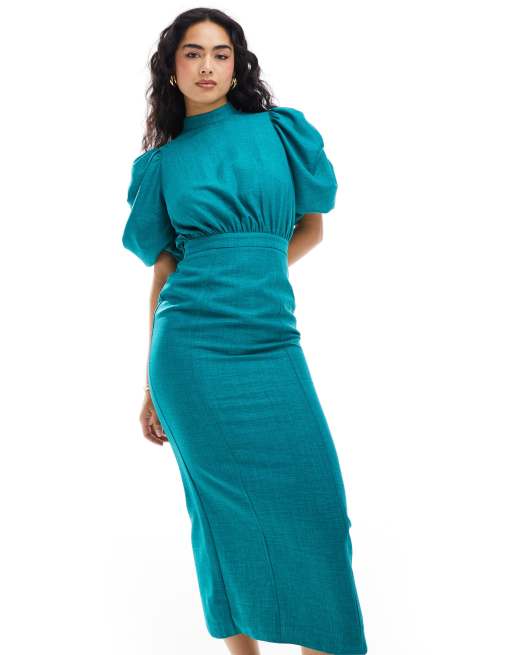 jade green bodycon dress ASOS DESIGN high neck volume sleeve midi with fitted skirt in Model Jihan