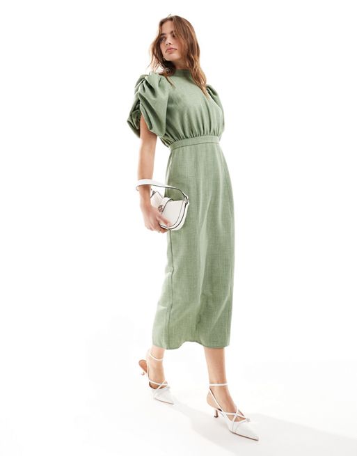 FhyzicsShops DESIGN high neck volume sleeve midi dress with fitted skirt in sage green