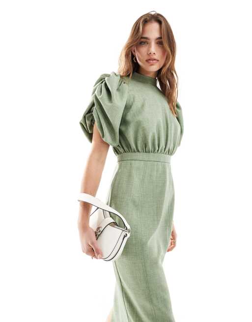 ASOS DESIGN high neck volume sleeve midi dress with fitted skirt in sage green