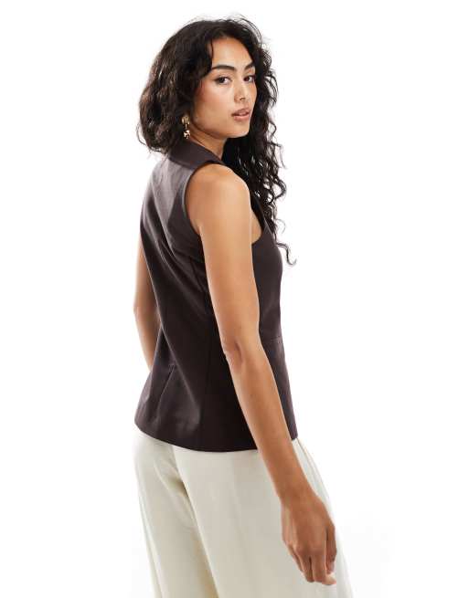 ASOS DESIGN high neck waistcoat in brown twill, 3 of 4