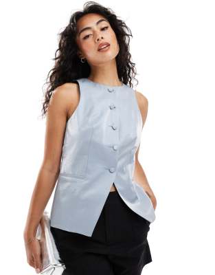 ASOS DESIGN high neck waistcoat in metallic blue-No colour