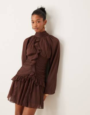 high neck waterfall frill mini dress with lace panels in chocolate brown