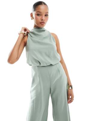 Asos Design High Neck Wide Leg Jumpsuit In Sage Green