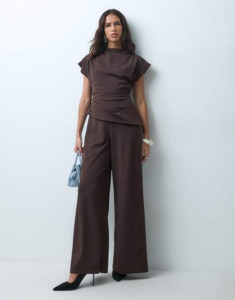 ASOS DESIGN high neck wide leg jumpsuit with asymmetric bodice detail in chocolate - view 1