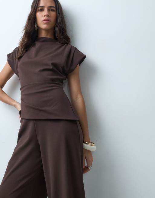 ASOS DESIGN high neck wide leg jumpsuit with asymmetric bodice detail in chocolate, 2 of 5