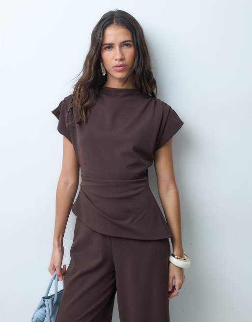 ASOS DESIGN high neck wide leg jumpsuit with asymmetric bodice detail in chocolate, 5 of 5