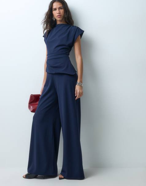 ASOS DESIGN high neck wide leg jumpsuit with asymmetric bodice detail in navy - view 1
