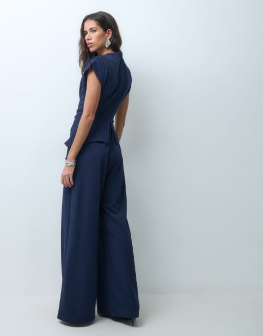 ASOS DESIGN high neck wide leg jumpsuit with asymmetric bodice detail in navy, 3 of 5