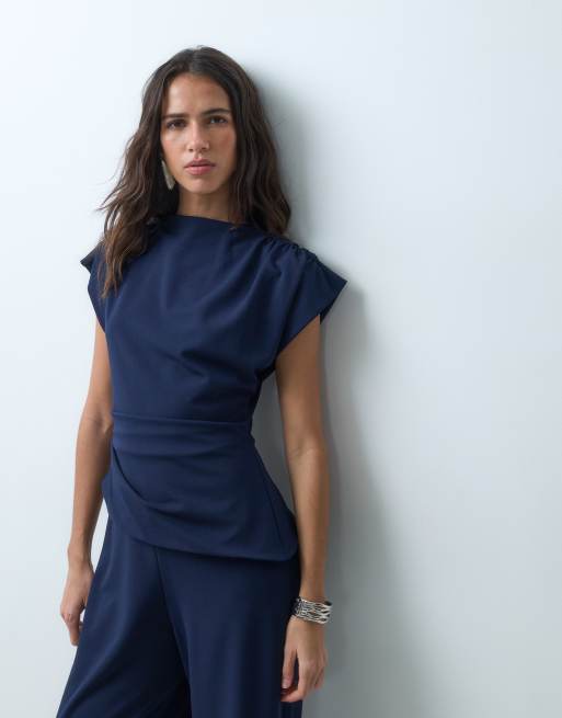 ASOS DESIGN high neck wide leg jumpsuit with asymmetric bodice detail in navy, 5 of 5