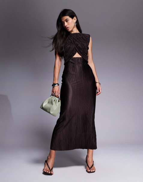 ASOS DESIGN high neck with cut out waist drape plisse maxi dress in chocolate - view 1