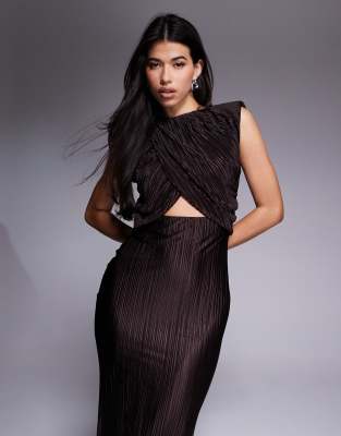 Asos Design High Neck With Cut Out Waist Drape Plisse Maxi Dress