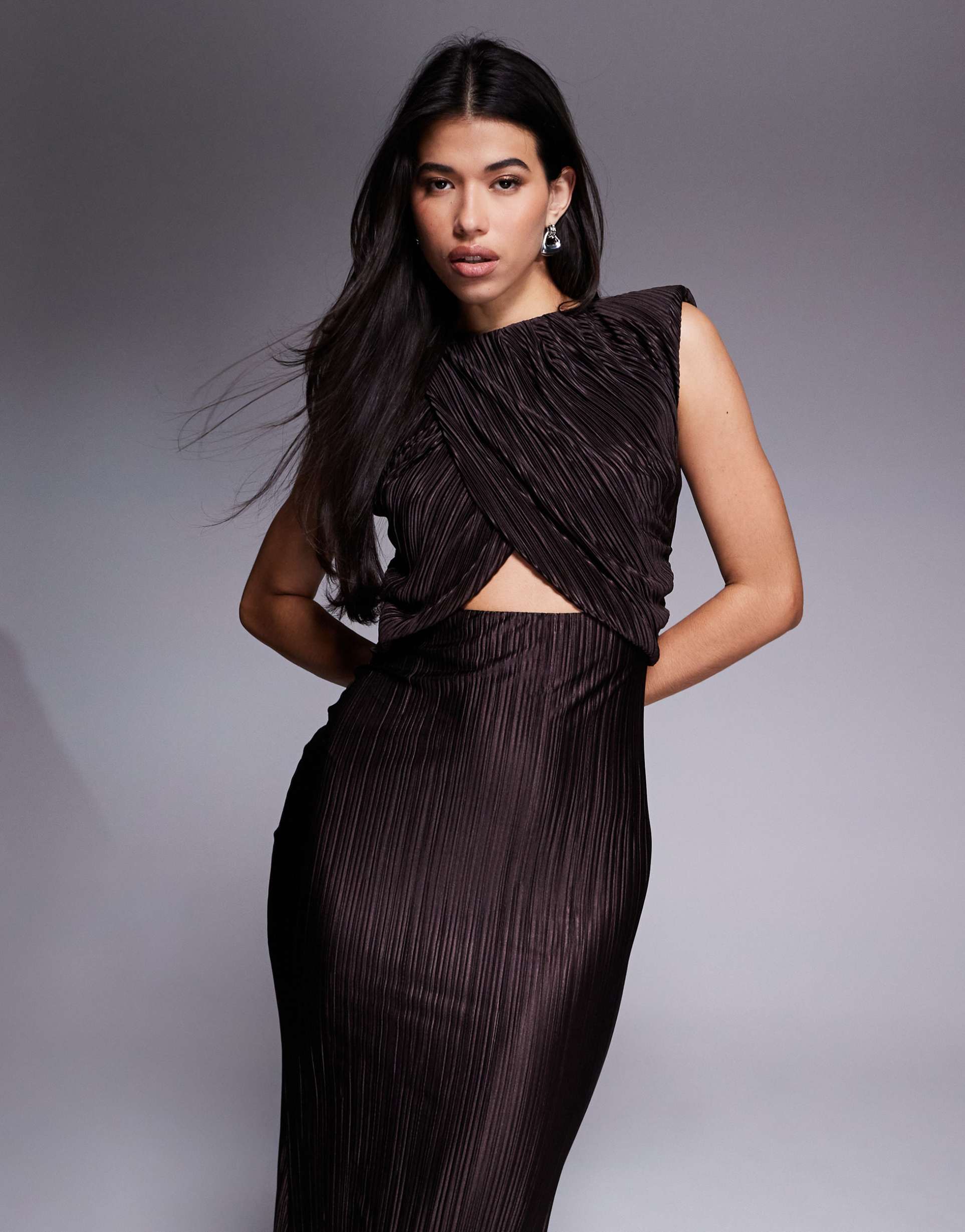 asos design high neck with cut out waist drape plisse maxi dress in chocolate
