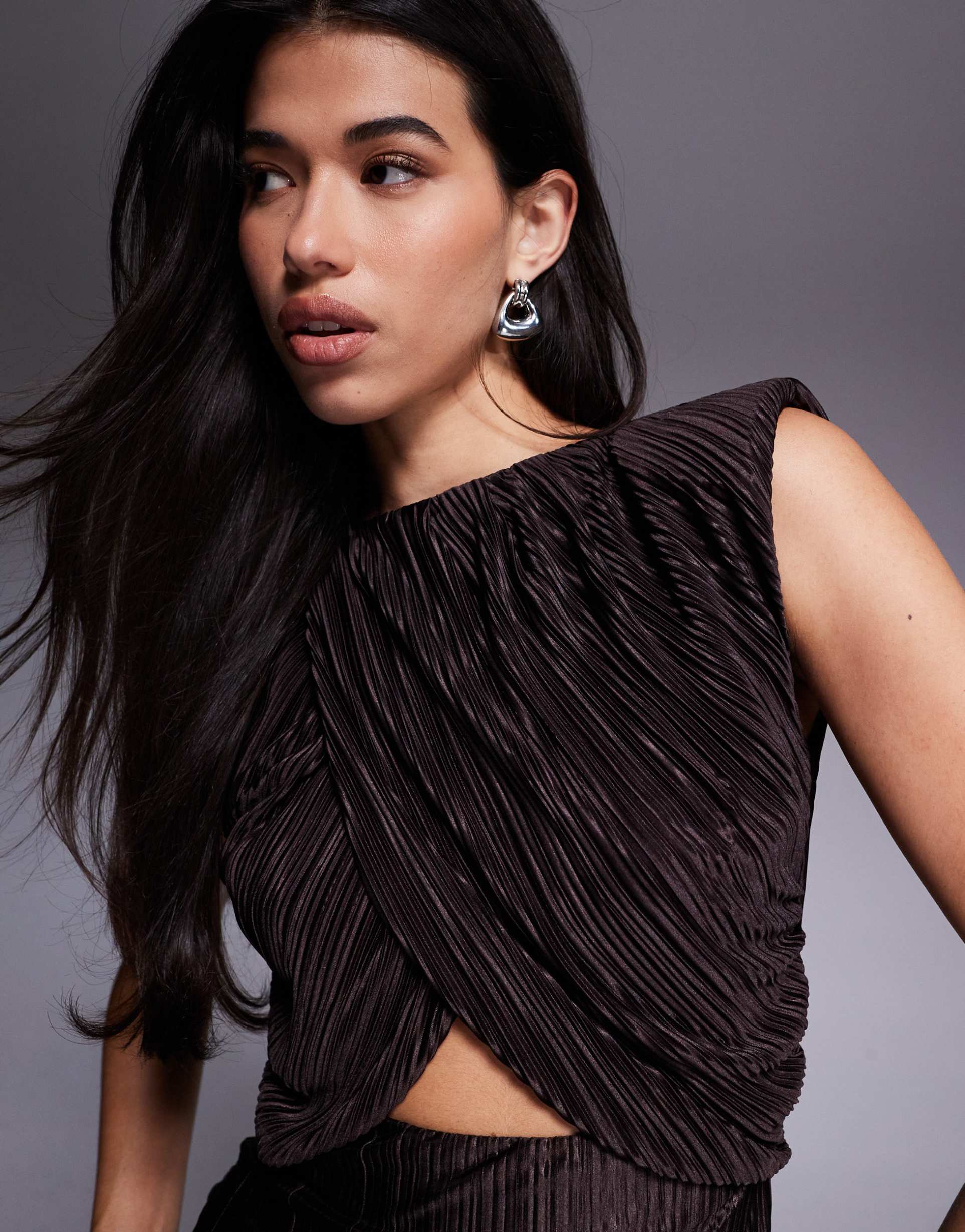 asos design high neck with cut out waist drape plisse maxi dress in chocolate