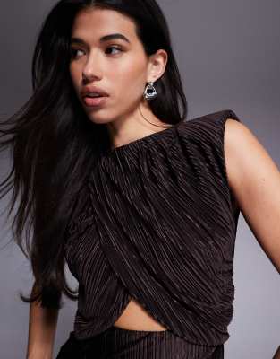 ASOS DESIGN high neck with cut out waist drape plisse maxi dress in chocolate