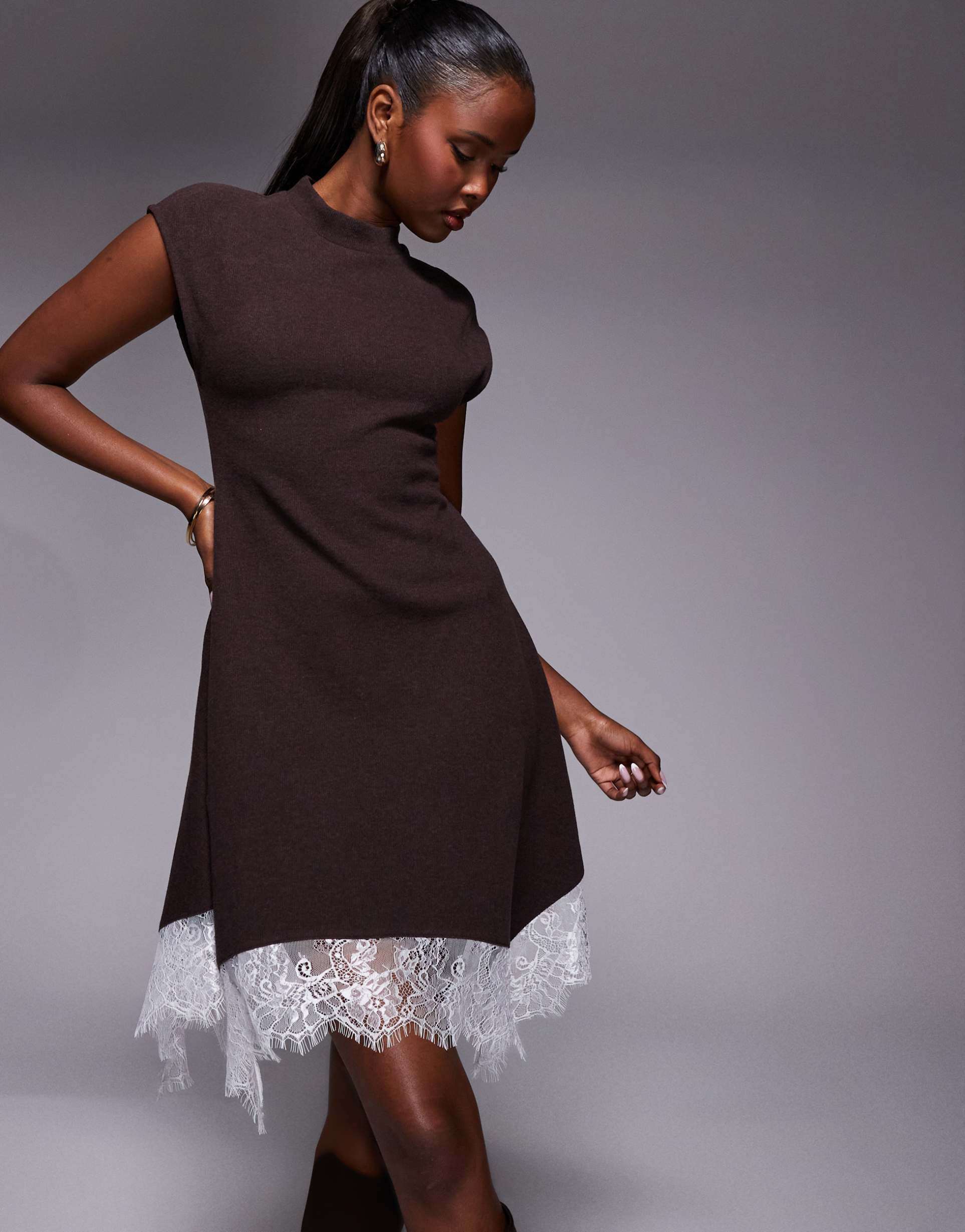 asos design high neck with hanky hem and lace trim mini dress in chocolate