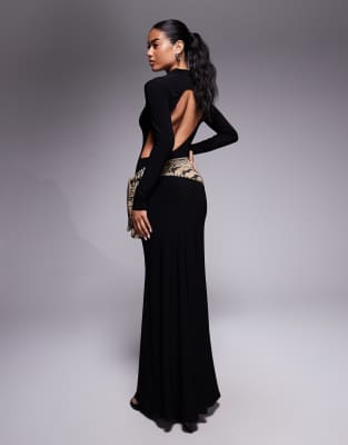 Asos Design High Neck With Open Back And Printed Scarf Detail Maxi Dress In Multi