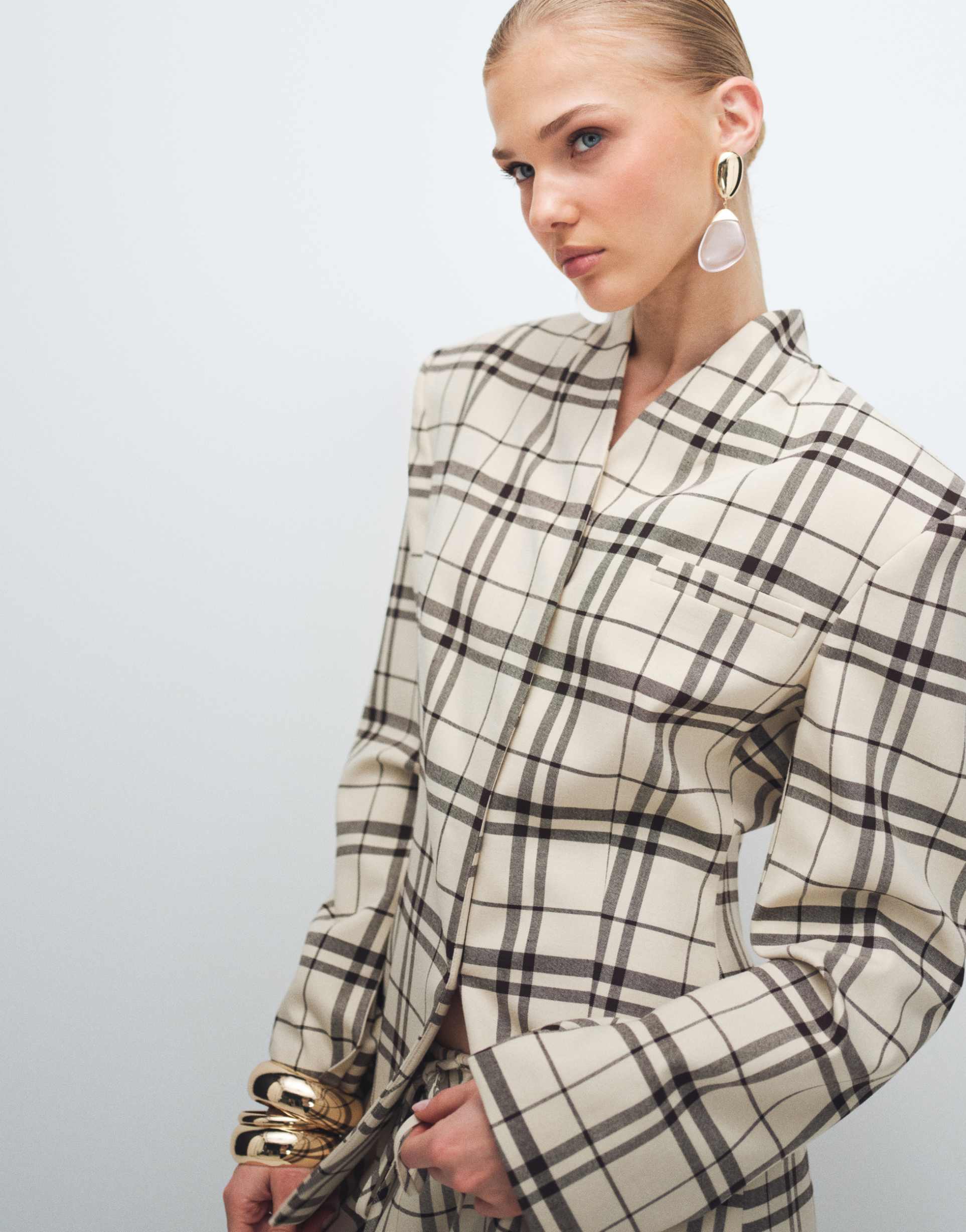 asos design high neck wrap blazer in cream plaid