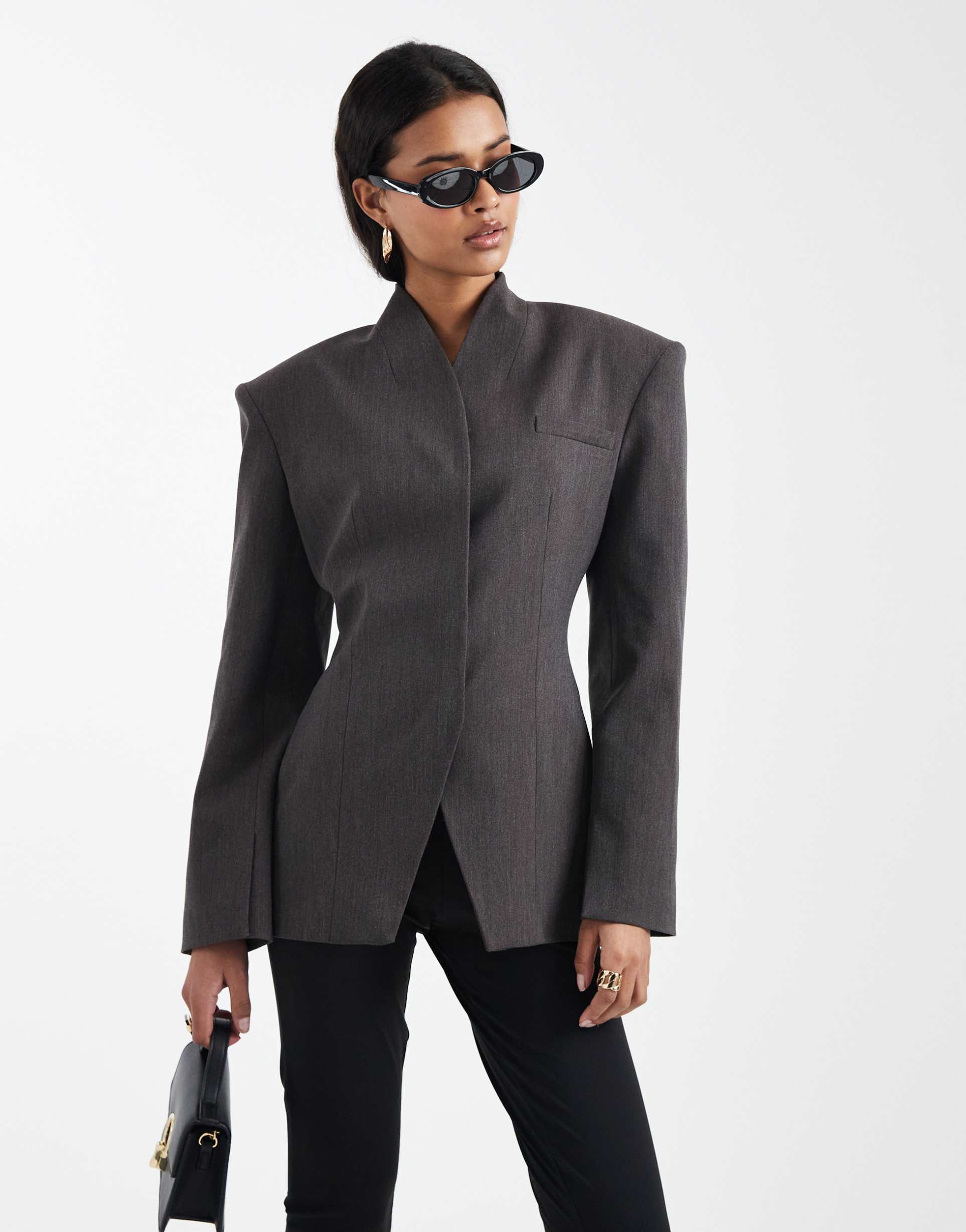 asos design high neck wrap blazer in dark chocolate melange