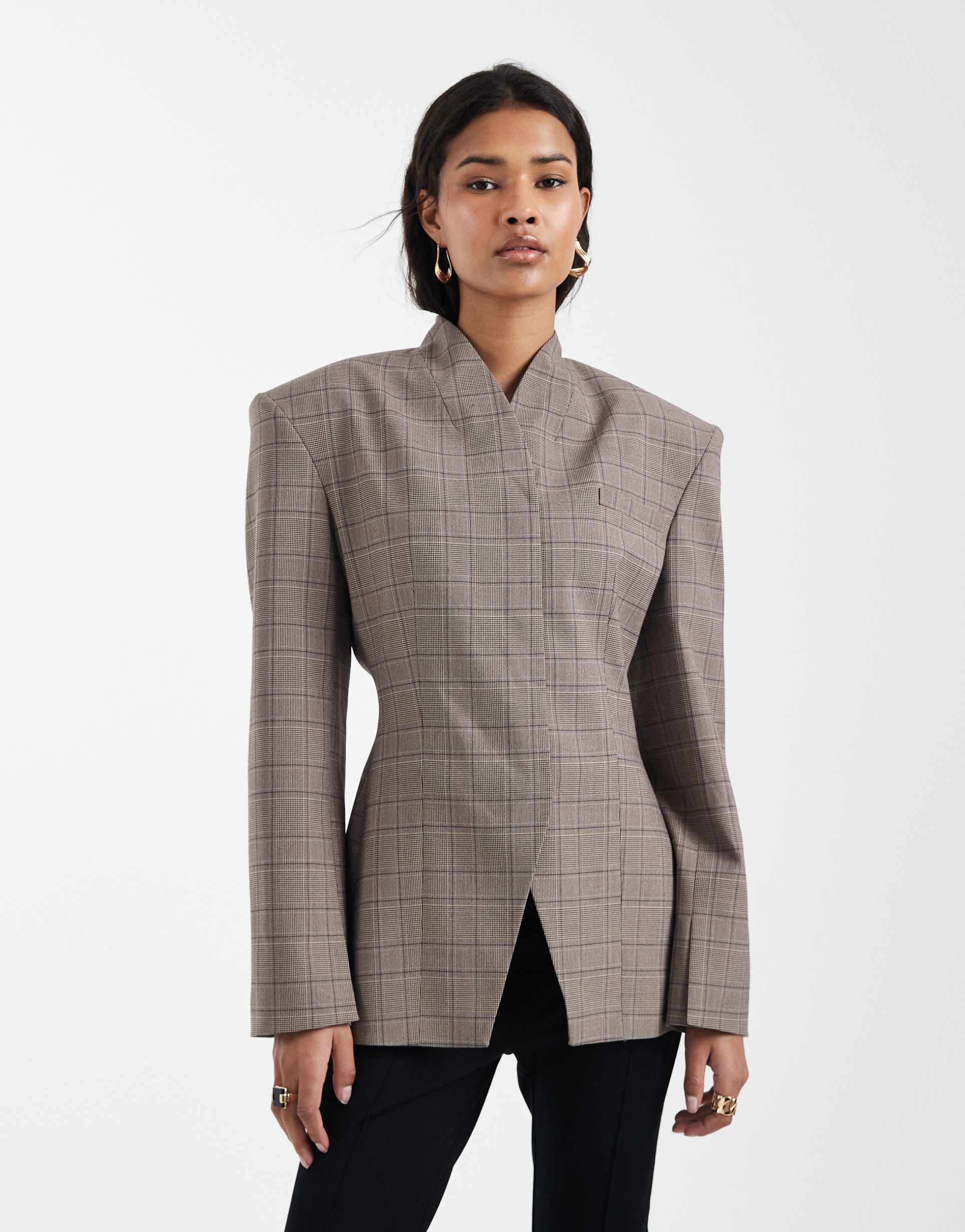 asos design high neck wrap blazer in gray check