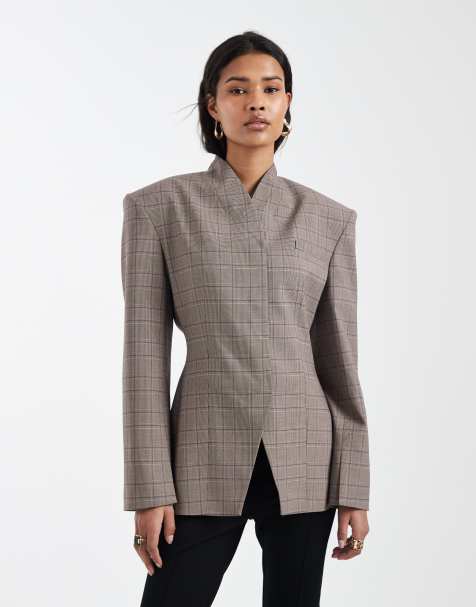 ASOS DESIGN high neck wrap blazer in grey check