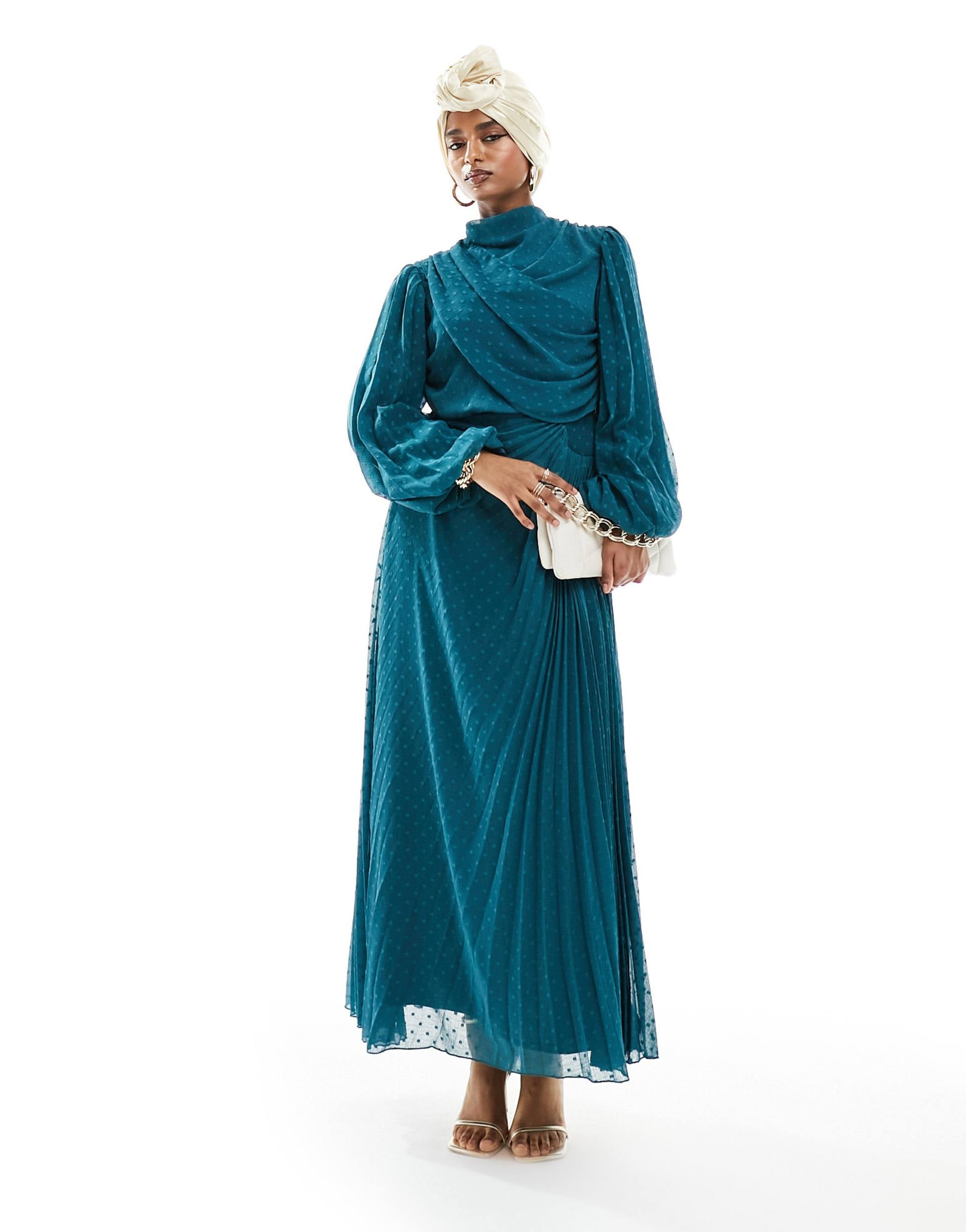 asos design high neck wrap bodice pleated textured wrap maxi dress in teal