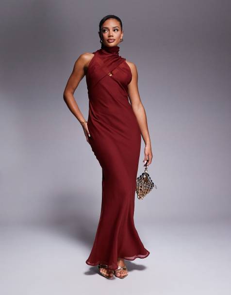 ASOS DESIGN high neck wrap over bias maxi dress in terracotta 