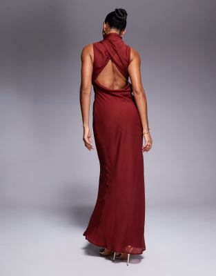 Asos Design High Neck Wrap Over Bias Maxi Dress