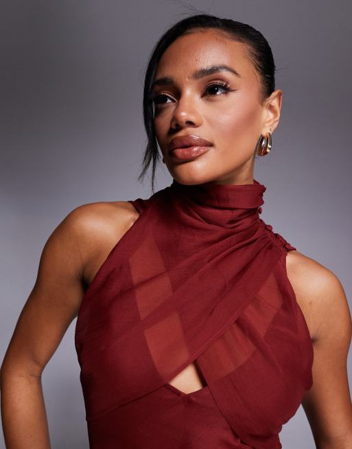 ASOS DESIGN high neck wrap over bias maxi dress in terracotta , 3 of 4
