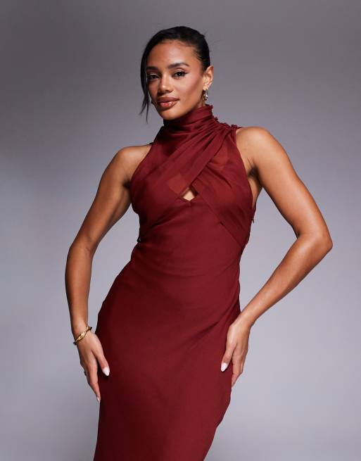 ASOS DESIGN high neck wrap over bias maxi dress in terracotta 
