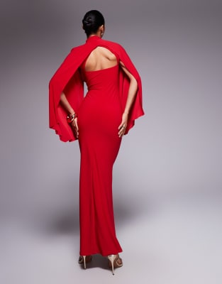 Asos Design High Neck Wrap Over Long Sleeve Maxi Dress In Red
