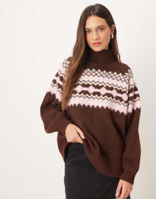 Asos Design High Neck Yoke Placement Sweater In Brown