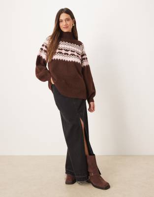 Asos Design High Neck Yoke Placement Sweater In Brown