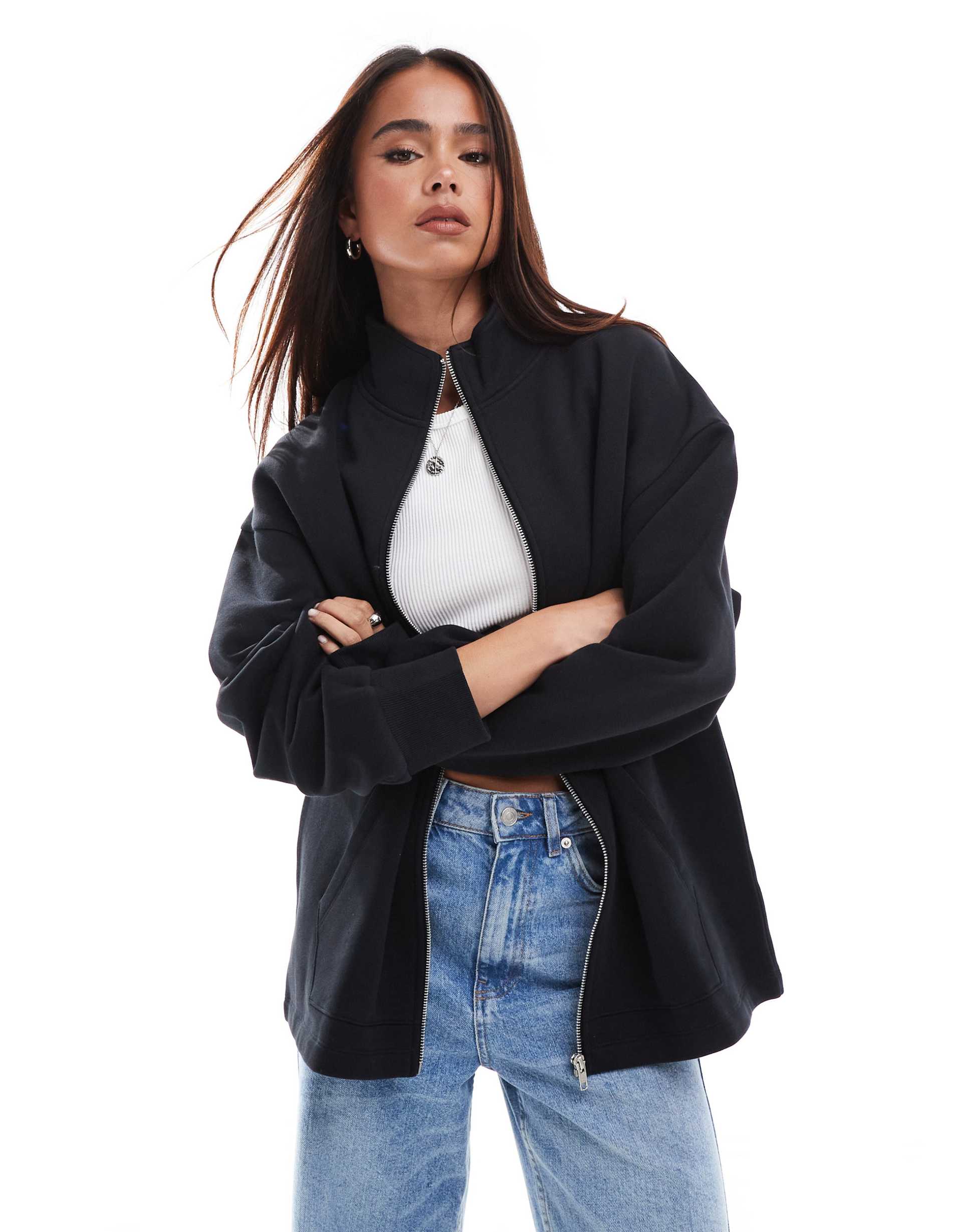 asos design high neck zip up sweatshirt in black