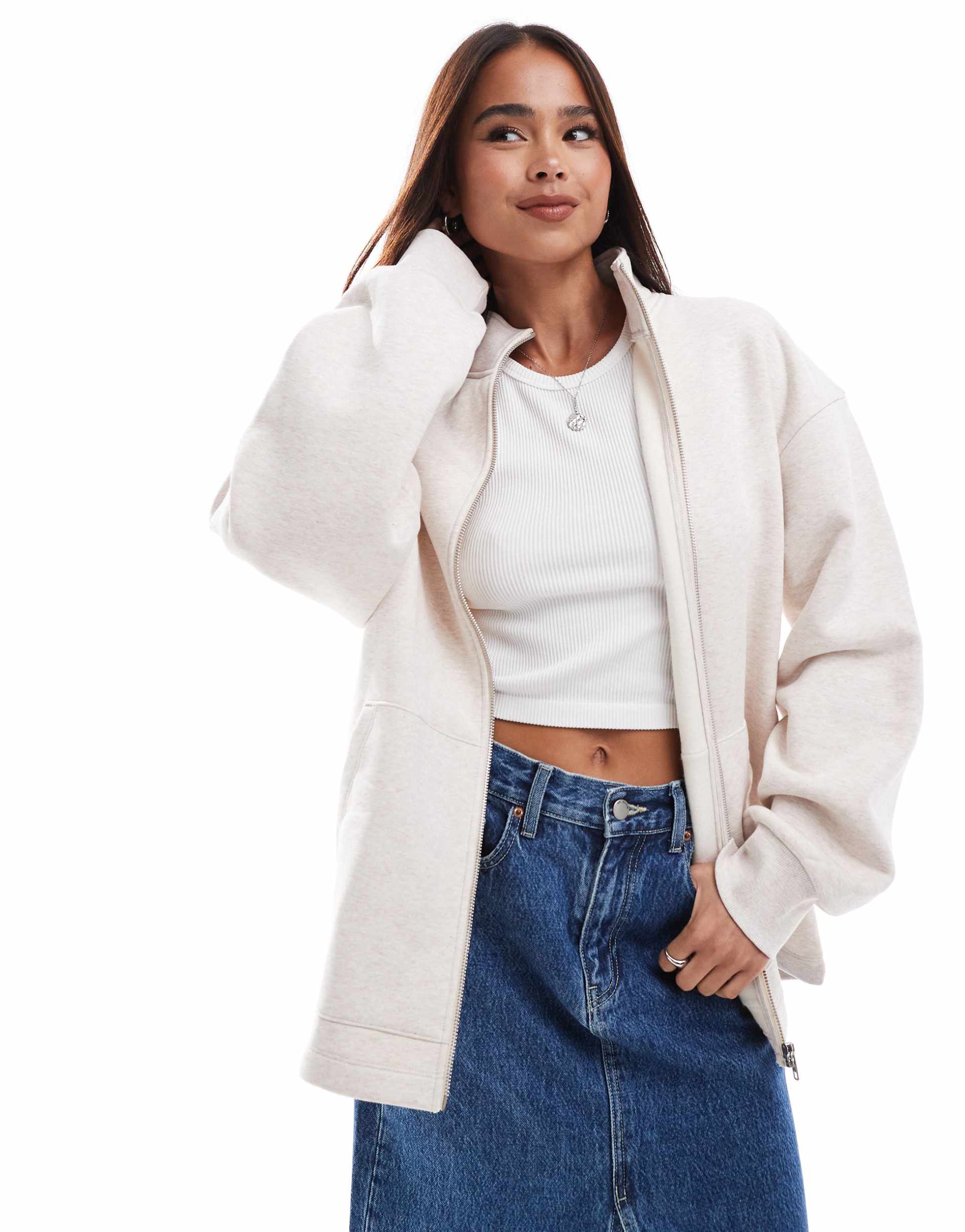 asos design high neck zip up sweatshirt in heathered oatmeal