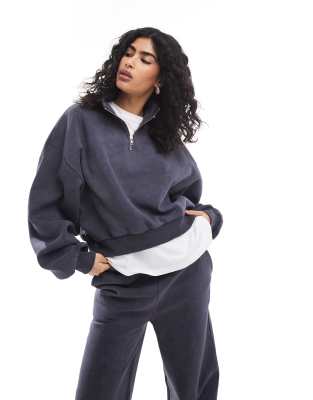 high neck zip up sweatshirt with balloon sleeve in washed gray - part of a set