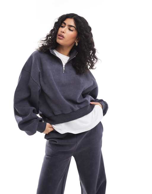 ASOS DESIGN high neck zip up sweatshirt with balloon sleeve in washed gray - part of a set
