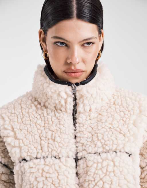 ASOS DESIGN high pile borg fleece zip up in cream with pu trim detail