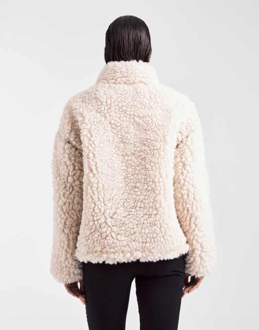 ASOS DESIGN high pile borg fleece zip up in cream with pu trim detail