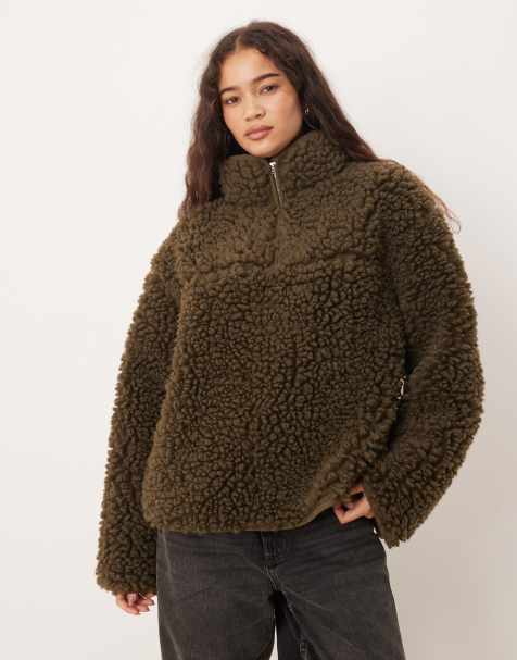 ASOS DESIGN high pile borg zip through fleece in khaki - view 1