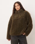[ASOS DESIGN] ASOS DESIGN high pile borg zip-through fleece jumper in khaki-Green S KHAKI