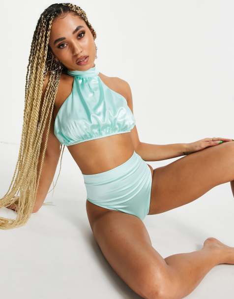 ASOS DESIGN high racer neck mirrored satin bikini top in mint
