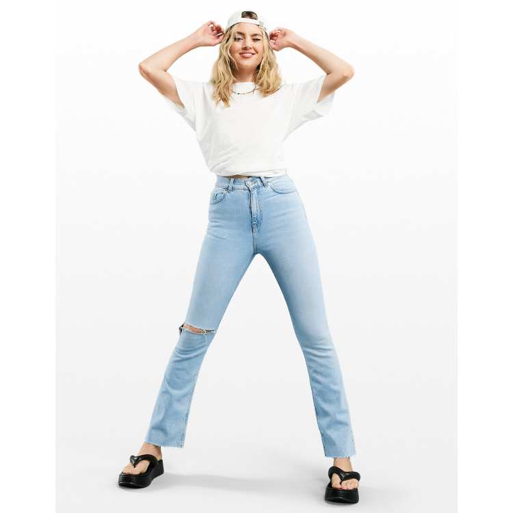 ASOS DESIGN high rise '70s' stretch flare in pretty lightwash with knee rip