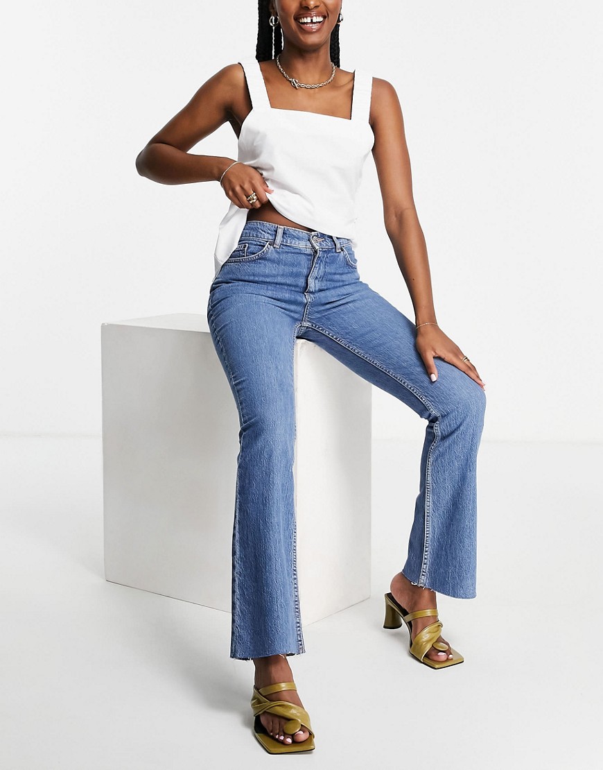 Asos Design High Rise '70's' Stretch Flare Jeans In Midwash-blues