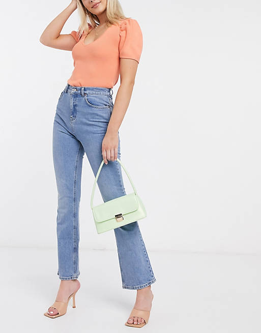 ASOS DESIGN high rise 70s stretch flares in bright mid wash