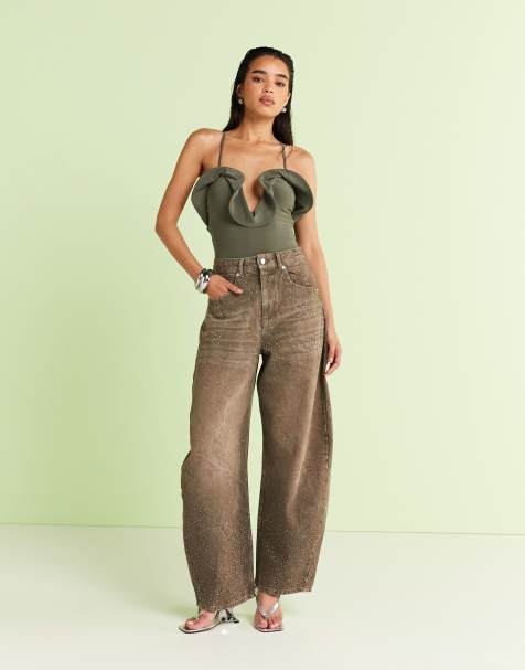 ASOS DESIGN high rise barrel jeans in khaki with diamante embellishment - view 1