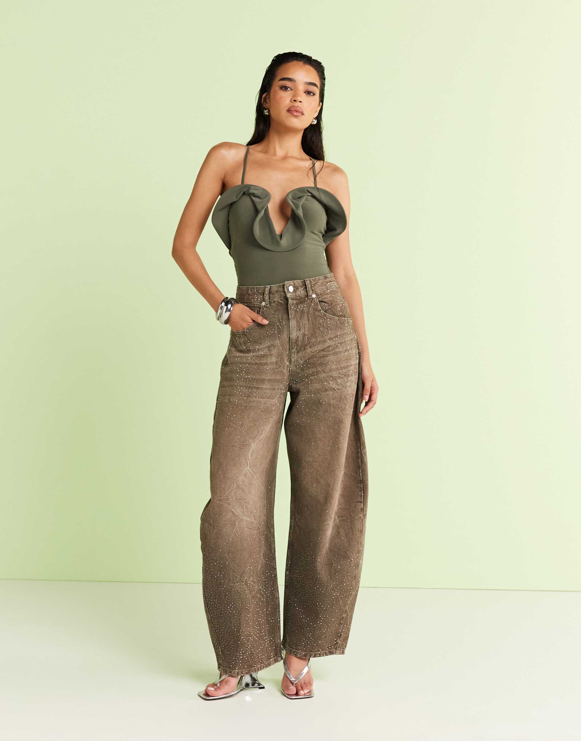 asos design high rise barrel jeans in khaki with diamante embellishment