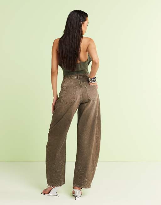ASOS DESIGN high rise barrel jeans in khaki with diamante embellishment