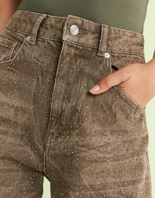 ASOS DESIGN high rise barrel jeans in khaki with diamante embellishment
