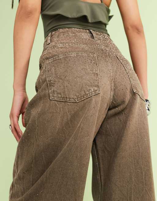 ASOS DESIGN high rise barrel jeans in khaki with diamante embellishment