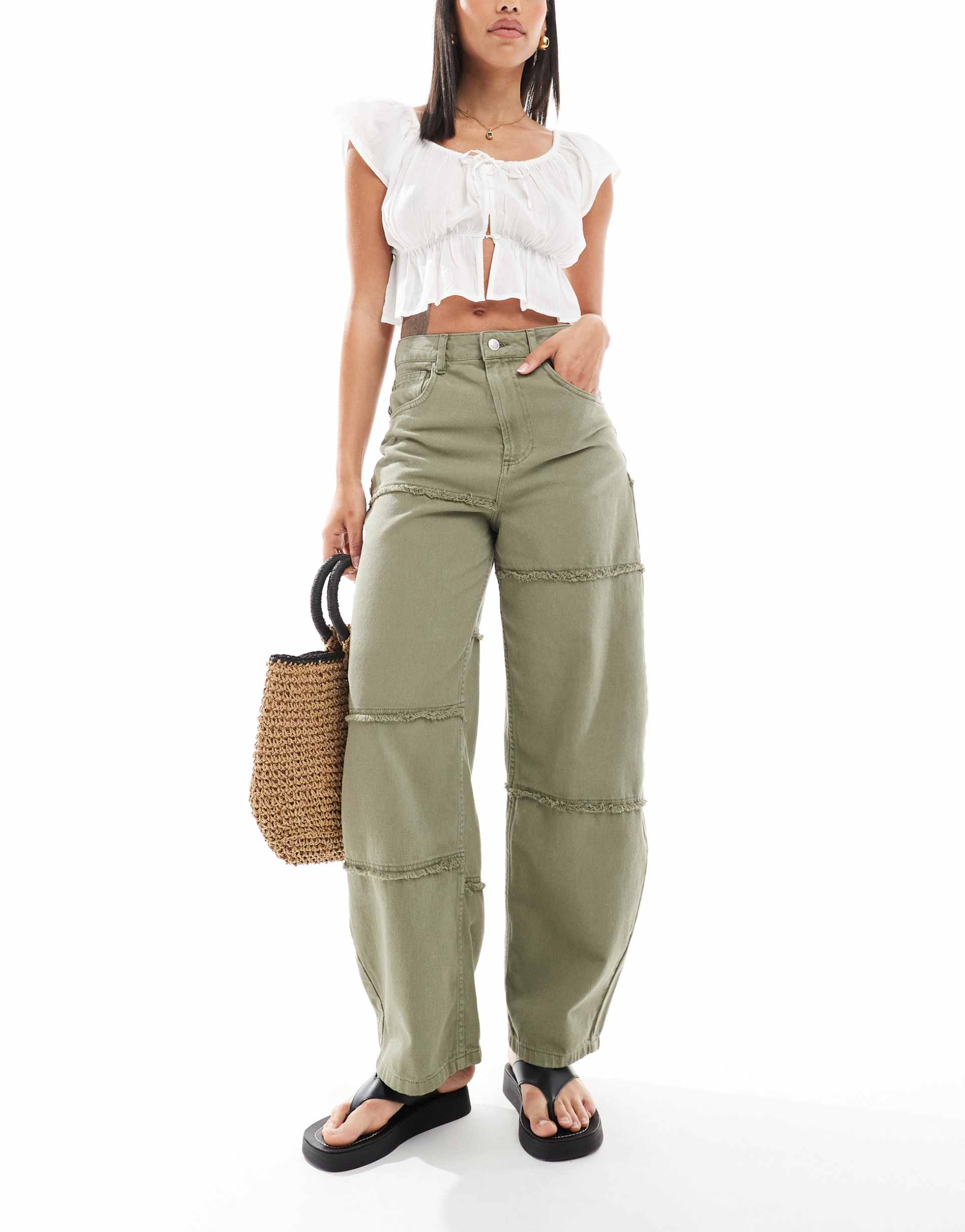 asos design high rise barrel jeans with raw edges in khaki